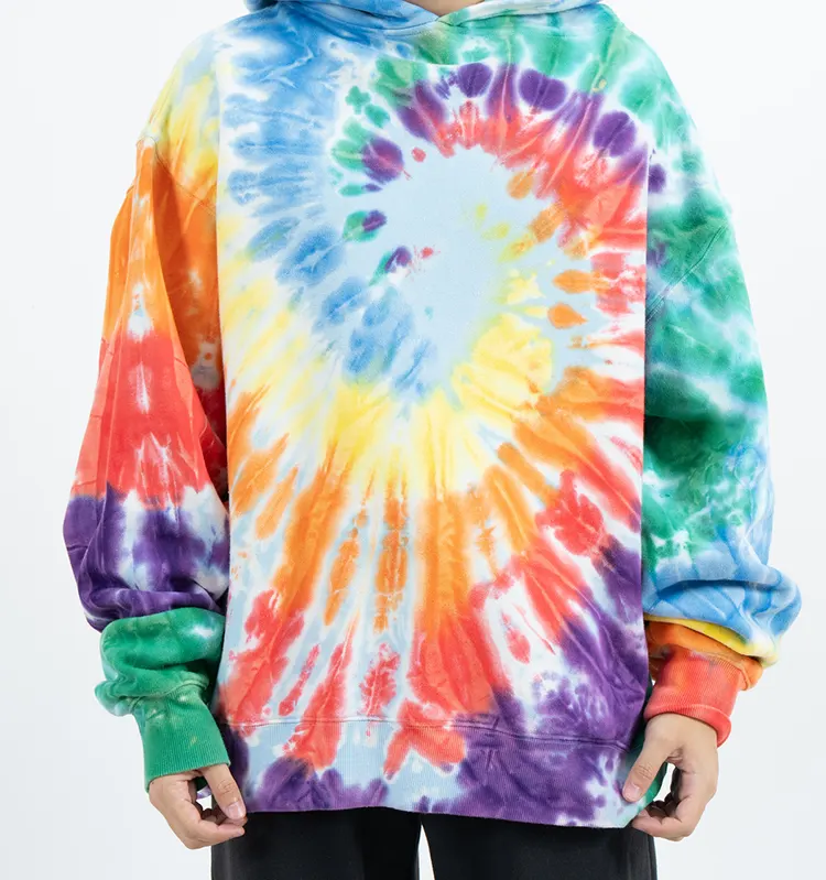 Oversized Pullover Hoodie with Multicolor Spiral Tie-Dye Effect