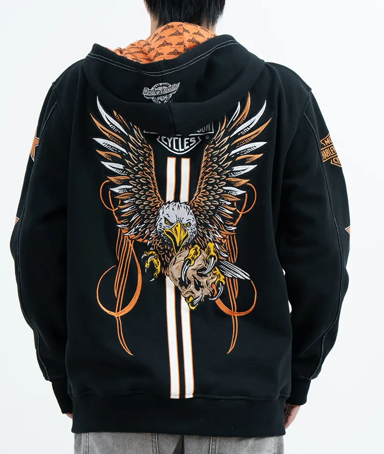 Graphic Zip-Up Hoodie with Eagle Back Artwork and Star Sleeves