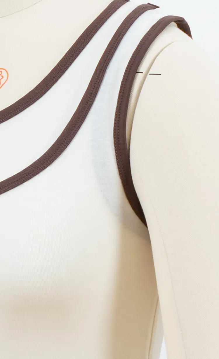 White Tank Top with Double Brown Neckline Trim